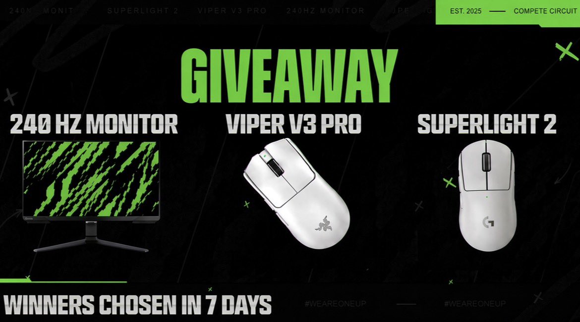 CompeteCircuit's tweet photo. We're giving back to the community 🎁

Three prizes. Three winners.
Now's your chance to win a 240Hz Monitor, Viper V3 Pro, or Superlight 2! 🔥

To enter:
• Follow @CompeteCircuit &amp; @K1nzyEU + @JarrvyEU 
• Like &amp; repost this post
• Comment which prize you want to win! https://t.co/GU3t5DyLR9