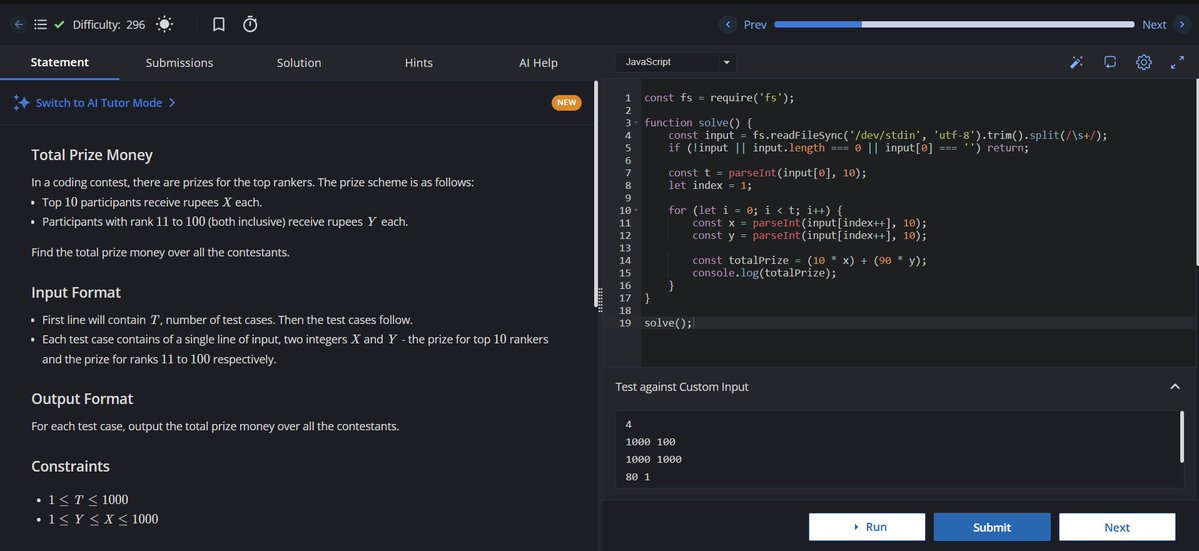 AkkalAbhishek's tweet photo. Day 153 of Coding
Solved another CodeChef problem — Total Prize Money.
Calculated the total prize using the prizes for the top 10 and remaining 90 participants.
Time Complexity: O(T)
Space Complexity: O(T)
#Day153 #CodeChef #JavaScript #365DaysOfCode https://t.co/XoOOZ3PAJ0