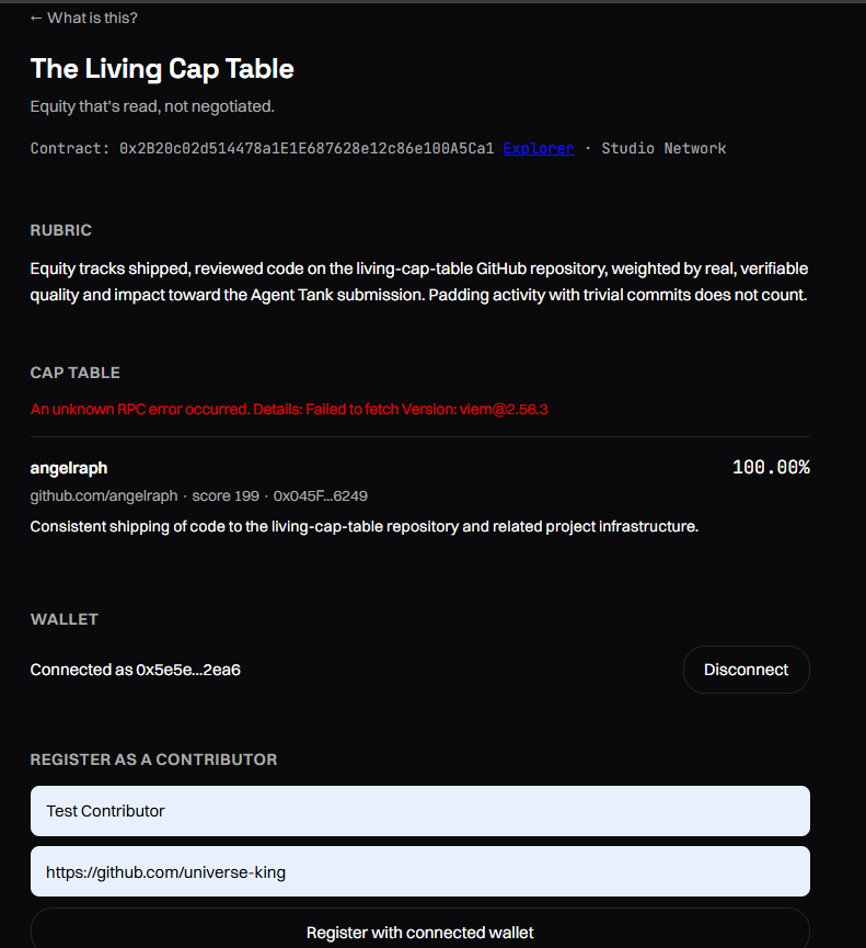 AWolfe95810's tweet photo. Spent some time testing 3 Agent Tank projects

The Living Cap Table
AgentPact
Newintel
I went through the actual user flows and tested what was available in each project
Each one takes a different approach to using GenLayer for equity tracking escrow verification and demand intelligence

I also left individual reviews with feedback based on my testing

@GenLayer

The Living Cap Table
