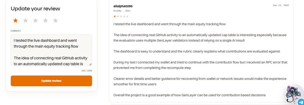 AWolfe95810's tweet photo. Spent some time testing 3 Agent Tank projects

The Living Cap Table
AgentPact
Newintel
I went through the actual user flows and tested what was available in each project
Each one takes a different approach to using GenLayer for equity tracking escrow verification and demand intelligence

I also left individual reviews with feedback based on my testing

@GenLayer

The Living Cap Table