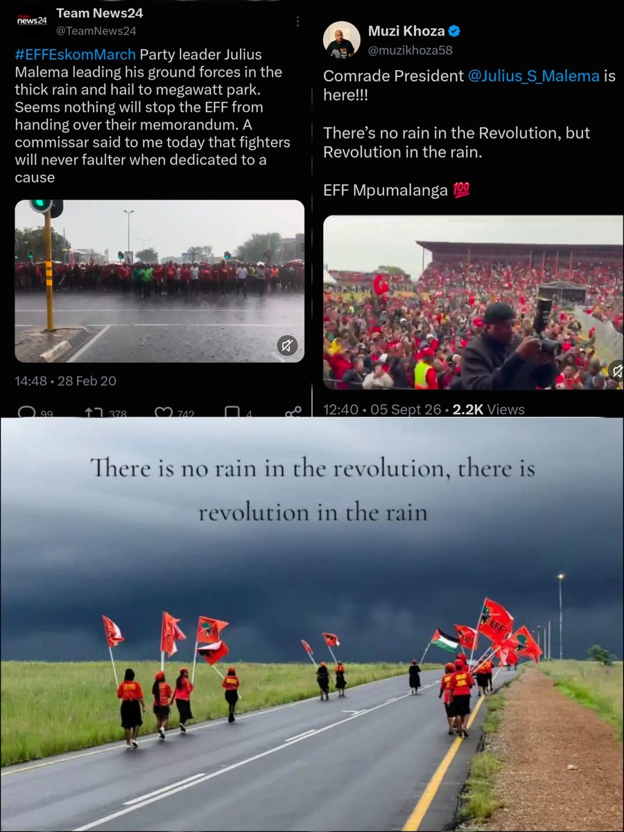 UnmovedLee's tweet photo. Imagine thinking rain and mud has ever stopped the EFF
#EFFKZNManifestoRally #VoteEFF2026 #Trailblazers #EFFwayawaya https://t.co/X4l8E9oVTf