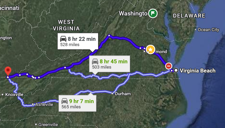 GrnThumbed's tweet photo. @tuuu28283 This is Virginia Beach to Cumberland Gap, which technically is over the border in the next state. https://t.co/KkHP06YGQQ