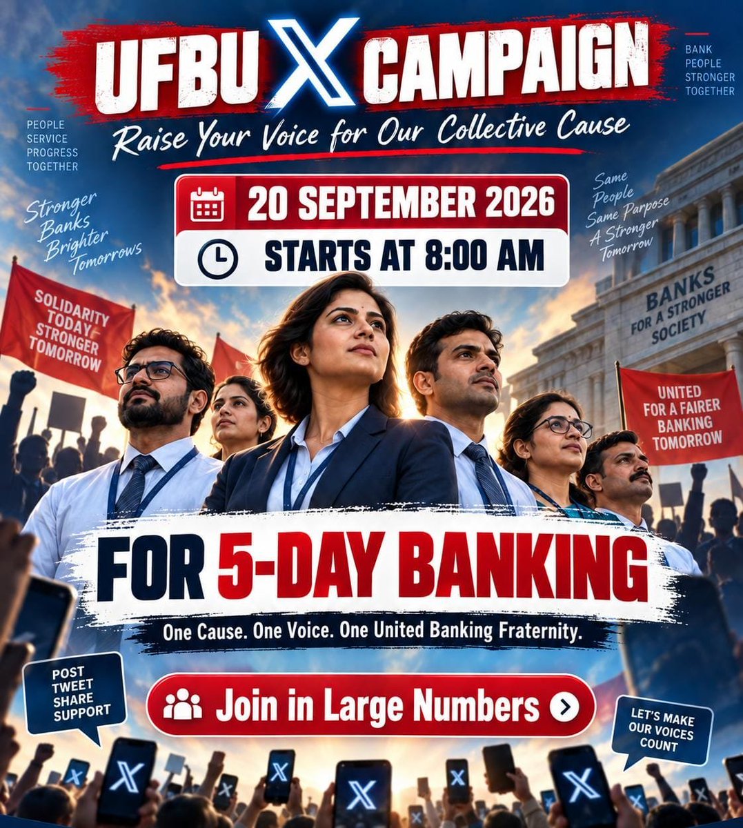 Vitthalraj_mane's tweet photo. Twitter/X Maha-Sangram – 20 Sep 2026! 🔥

After the massive response to the 11th Sep strike, Demonstration and Badge Wearing Programme, it’s time to make our collective voice roar on Twitter/X! ✊🚩

🔴 5 DAYS BANKING – WE DEMAND!

✊ UNITY ZINDABAD!
✊ UFBU ZINDABAD!

#5DaysBanking #UFBU #BankersUnity #TwitterMahaSangram #BankEmployees #StopDiscriminatoryPLI 
@FinMinIndia 
@nsitharaman
@Dev_Fadnavis