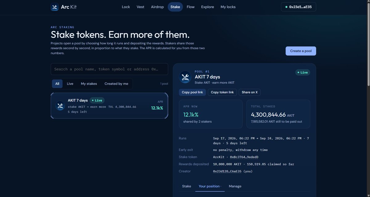 Usearckit's tweet photo. Arckit is the only platform on @arc that allows devs to lock and vest their supply.

We also have a no-code staking platform, so devs can create staking for their token with zero knowledge.

Our own staking pool is live and ends in 5 days remember to stake and earn more tokens.

Stake at : https://t.co/wrPhJ5aTNS

More tools are coming soon, including a P2P DEX and more.