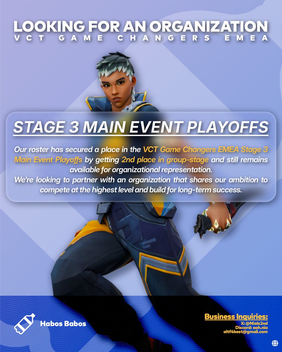 HabosBabosVLR's tweet photo. Hey Habos fans 👋 You may have seen our players &amp; staff currently LFT, but we remain committed to competing together as a team.

After our strong Main Event run (Seed #2, 5th overall), we’re still looking for an organisation!

More tournaments from us soon 👀 https://t.co/ivzvvNkK64