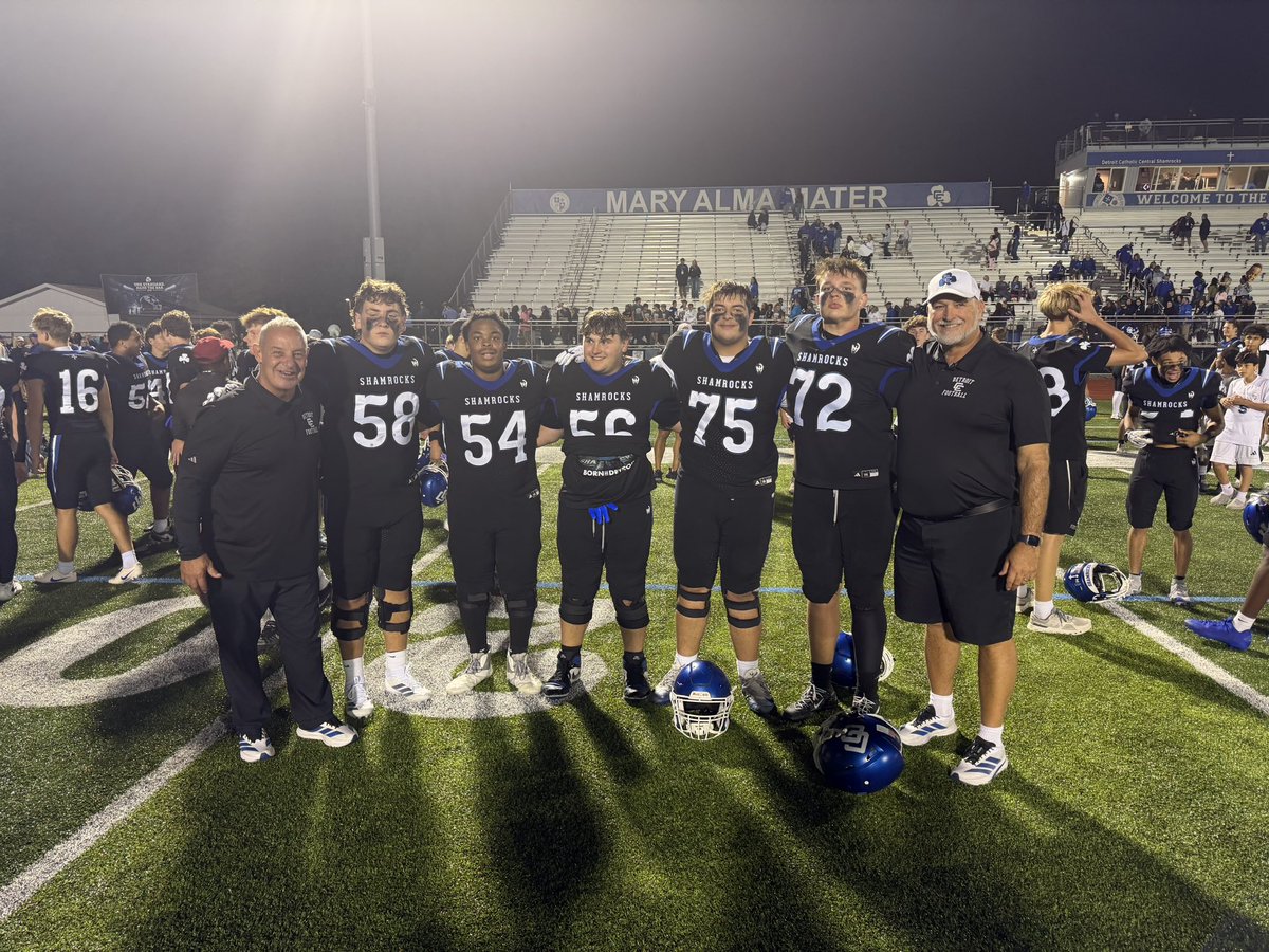 DCC_OLCoachBell's tweet photo. Coach Sawchuk and I are Super proud of this Version of the Shamrock OL!  4 Senior defending state champs! And one helluva Junior!!  4-0! https://t.co/nUGnAPszQ8