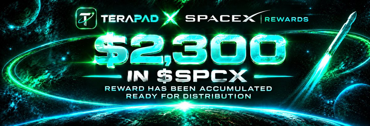 terapad44A1's tweet photo. NEW MILESTONE UNLOCKED!       

Over $2,300 worth of $SPCX rewards have been accumulated across 290 sweeps!

The rewards are ready for distribution to $TERA holders.       Hold  $TERA → Earn $SPCX

The rewards keep stacking. https://t.co/THvCxOrHAd
