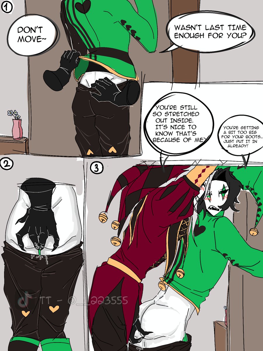 __223555's tweet photo. I drew this just for fun, specifically for a friend.
(It looks so lazy, ehh) 
Usually, ideas for comics come to me when we play together... 👀 
(Alright, I'm a little embarrassed😵) 
#thefreakcircus #Pierrot #Harlequin #greenapple https://t.co/l1gHSmLfSL