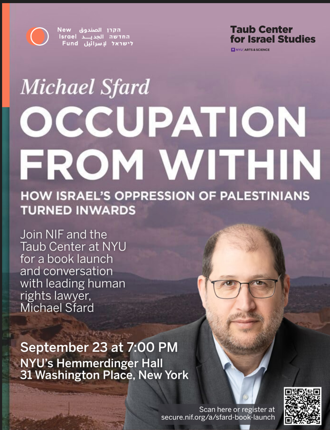 sfardm's tweet photo. New Yorkers:
A reminder that this Wednesday a book launch event will be held for my book "Occupation From Within: How Israel’s Oppression of Palestinians Turned Inwards".
Cosponsored by @NewIsraelFund and the The Taub at @nyuniversity.
Below link for reservations
See you! https://t.co/xdd0hTVUIS
