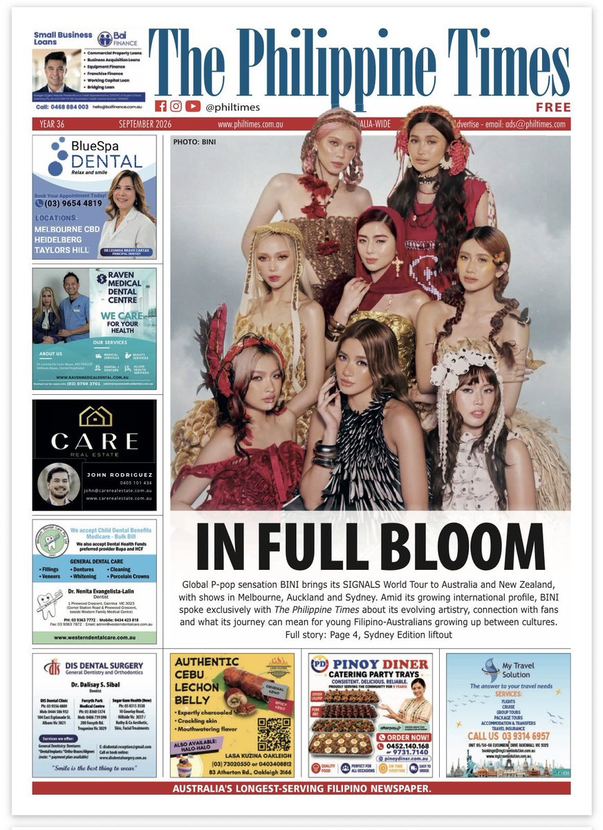 binicrave's tweet photo. The Philippine Times, Australia's longest-established Filipino newspaper, has chosen BINI as the cover feature for its September issue. The monthly publication reaches readers through several key distribution points, including:

• ​Philippine-Asian retail stores
• ​Philippine consular offices
• ​Australian government agencies
• ​Local Filipino community centers and event locations

#BINI #BINI_SIGNALS_WORLD_TOUR_2026