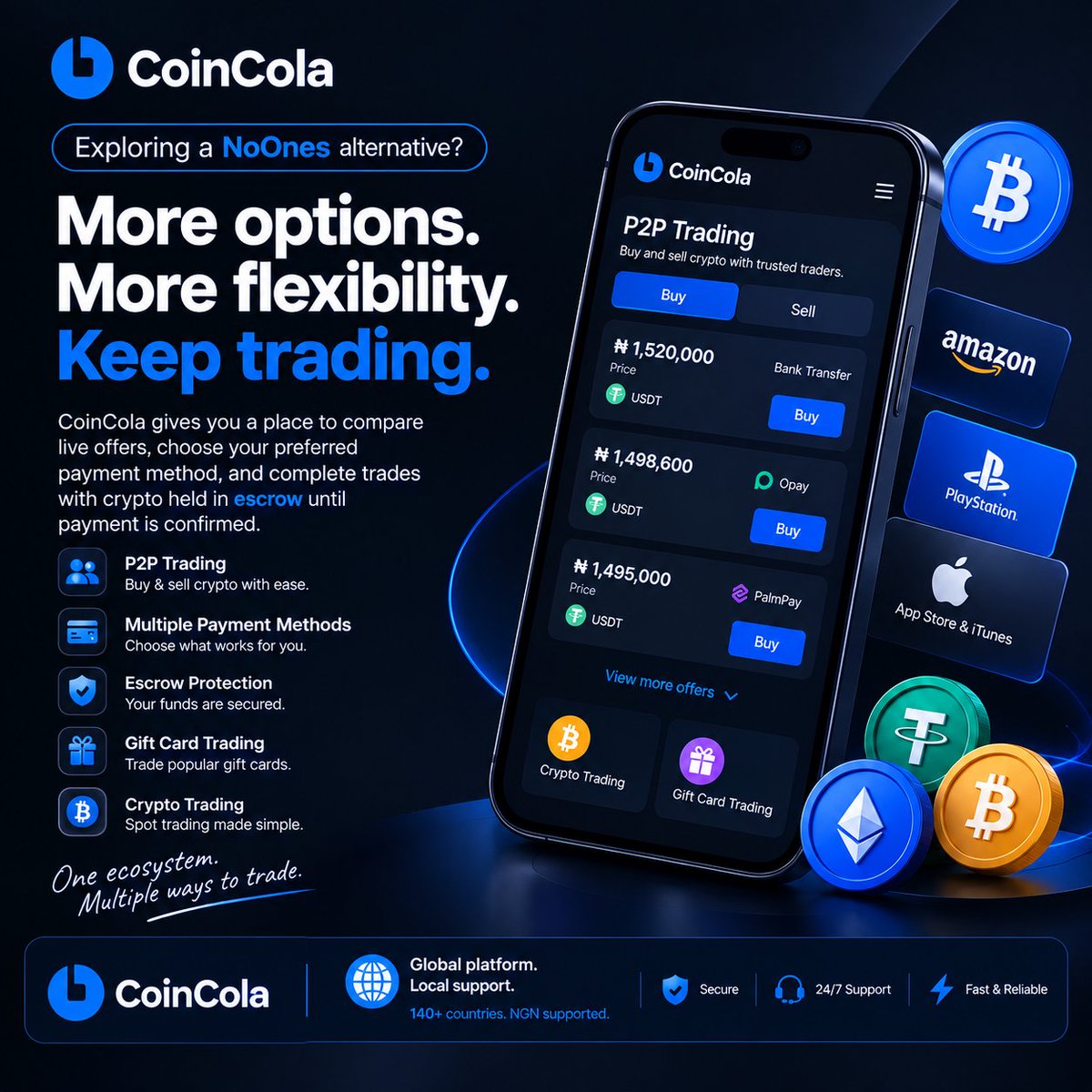 akam0708's tweet photo. Sometimes, having another P2P option is the smartest move.
CoinCola gives you a place to compare live offers, choose your preferred payment method, and complete trades with crypto held in escrow until payment is confirmed.
And it goes beyond P2P CoinCola also supports crypto and gift-card trading.
So if you're exploring alternatives to NoOnes, CoinCola is another platform to have on your radar.
More options. More flexibility. Keep trading.
#CoinColaP2P #CoinColaGiftcard