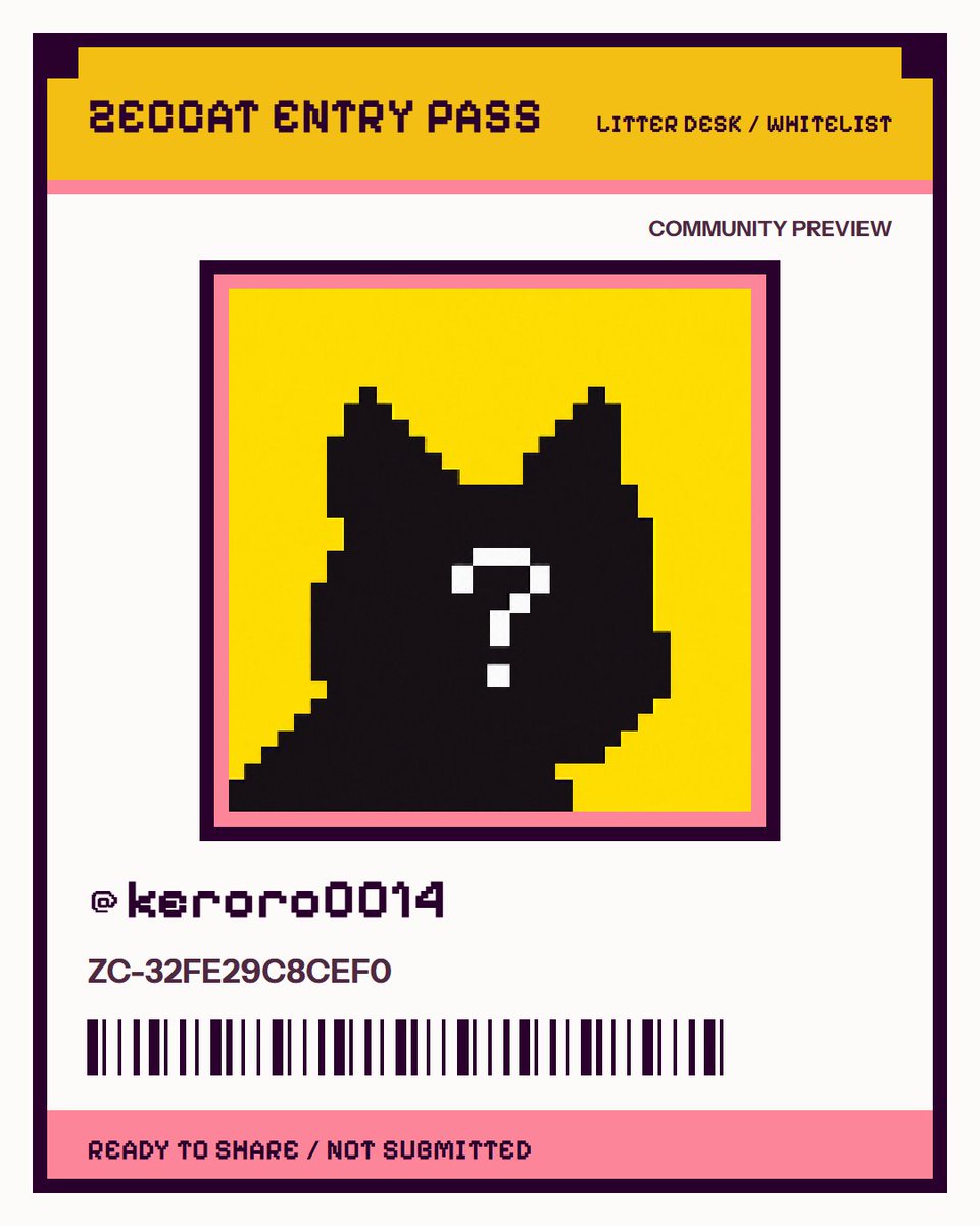 keroro0014's tweet photo. I'm applying for the @zeccatnft whitelist. My Zeccat Entry Pass is ZC-32FE29C8CEF0. Community preview only. https://t.co/nbCyR8SAO7