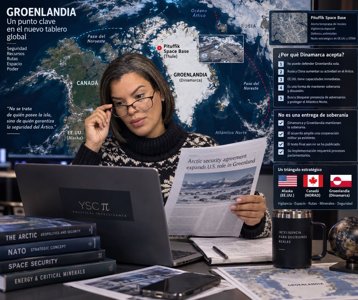 yelandra's tweet photo. #Groenlandia #Dinamarca #Ártico #EEUU #Seguridad 

🇬🇱 GROENLANDIA: el acuerdo que cambia el tablero ártico

No es una cesión de Groenlandia. Es algo más estratégico: EE. UU. amplía su acceso militar, de bases y sobrevuelo, mientras Dinamarca y Groenlandia mantienen formalmente la soberanía. 

🔎 FACTS

🇺🇸 Washington obtiene acceso permanente y mayor capacidad de presencia militar.

🛰️ Pituffik sigue siendo un nodo crítico para alerta de misiles, vigilancia espacial y defensa de Norteamérica.

🚫 El acuerdo contempla bloquear bases y determinadas inversiones de potencias adversarias, incluso mediante control estadounidense sobre inversiones de países no pertenecientes a NATO. 

🇩🇰 Copenhague obtiene mayor cobertura estratégica estadounidense sin transferir formalmente la soberanía.

🇨🇦 Canadá queda en una posición clave, pero con una pregunta incómoda: ¿puede su capacidad ártica evolucionar al mismo ritmo que la nueva arquitectura de seguridad?

🇪🇺 Y Europa también está entrando en el tablero. Apenas días antes, Dinamarca y Groenlandia profundizaron su relación estratégica con la UE en infraestructura, conectividad, energía y minerales críticos. 

🎯 La clave de inteligencia: no mirar solamente quién “posee” Groenlandia. Hay que mirar quién controla el acceso, la vigilancia, la infraestructura y las reglas para terceros.

🌎 WHAT IF?

¿Y si Groenlandia termina convirtiéndose en el pivote estratégico que conecte la defensa de Norteamérica, NATO y Europa, mientras Canadá queda obligado a redefinir su papel en el Ártico?