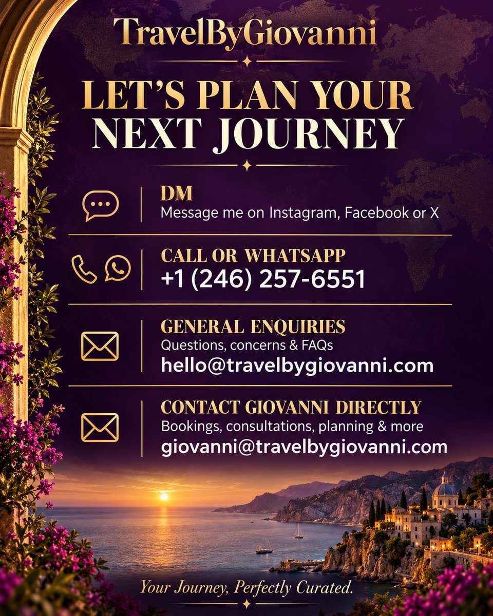 TravelByGio's tweet photo. Your next journey starts with a conversation. ✈️

DM me or call/WhatsApp +1 (246) 257-6551 to get started. 
Prefer email? Both addresses are in the post.

Your Journey, Perfectly Curated✨️

#TravelByGiovanni #TravelAgent #TravelPlanning https://t.co/XWsBYV5UEl