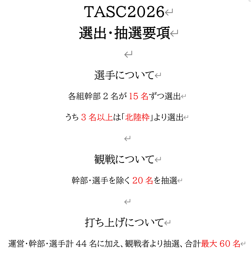 TASC2026's tweet photo. #TASC2026 開催まで1ヵ月を切りました。

運営陣は本格的な準備に取り掛かっています。

現在の応募状況はこちら！
51名の選手応募と9名の観戦応募をいただいております！

また、選出及び抽選要項は4枚目の画像をご覧ください。

いずれの応募も9月26日(土)23:59まで受け付けております！！ https://t.co/GF19djkdBO
