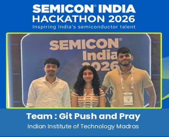SEMIIndia's tweet photo. 🏆 Celebrating the #Hackathon2026 winners at #SEMICONIndia2026!

For the Applied Materials problem statement, Drift-Sense: AI-Powered Navigation-Error Recovery for Wafer Inspection Tools:
- Winner- 🥇 Team Bhoochadae from Vellore Institute of Technology
- Runner Up 🥈 Team Highest in the Room from KPR Institute of Engineering and Technology

For the KLA problem statement, AI-Based Restoration of Degraded Images for Semiconductor Inspection:
- Winner 🥇 Team Git Push and Pray from Indian Institute of Technology Madras
- Runner Up🥈 Team ForgeX from Vellore Institute of Technology

A celebration of innovation, AI and the next generation of semiconductor talent! 🚀

#SEMICONIndia2026 #Hackathon2026 #Semiconductor #AI #Innovation