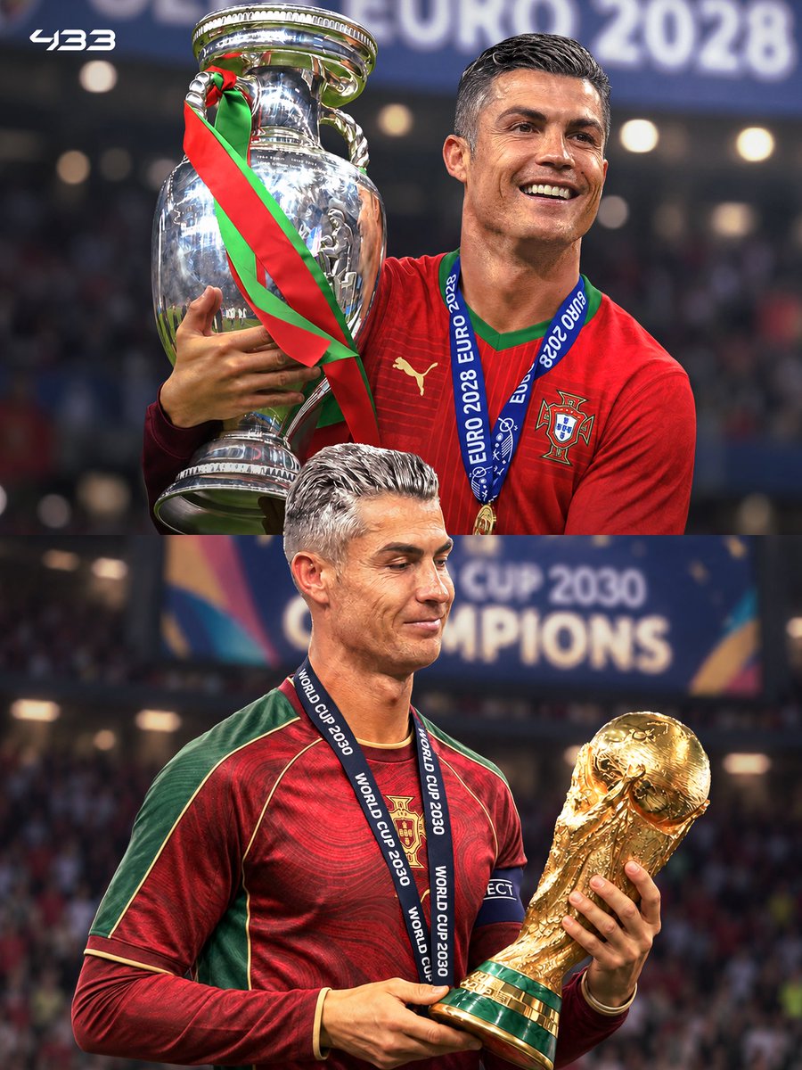 433's tweet photo. 𝐖𝐇𝐀𝐓 𝐀𝐍 𝐄𝐍𝐃𝐈𝐍𝐆 𝐓𝐇𝐈𝐒 𝐖𝐎𝐔𝐋𝐃 𝐁𝐄 🥹🏆

41-year-old Cristiano Ronaldo has been called up for Portugal's upcoming international games.

If he keeps playing until EURO 2028, he will be the 𝙊𝙇𝘿𝙀𝙎𝙏 player 𝙀𝙑𝙀𝙍 at the Euros, at 43 years old, beating Pepe's record.

If he continues until the 2030 World Cup and reaches the final, he will be the 𝙊𝙇𝘿𝙀𝙎𝙏 player 𝙀𝙑𝙀𝙍 at a World Cup at 45 years old, beating Essam El Hadary's record.