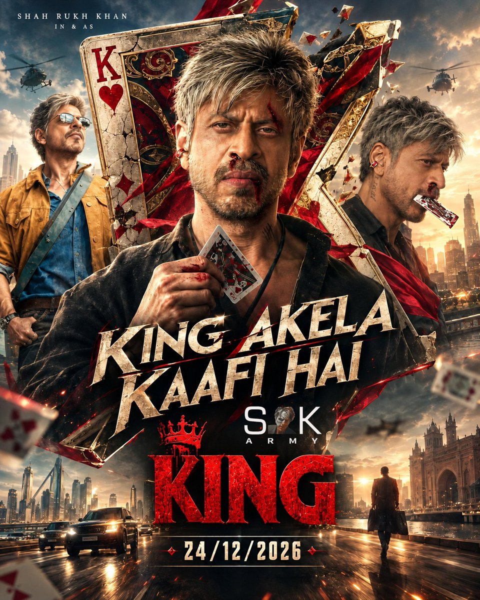 TeamSRKsArmy's tweet photo. KING AKELA KAAFI HAI. 👑🔥

One man. One aura. One KING.
The game has changed, the throne is waiting. ♠️♥️

24 DECEMBER 2026 — THE KING ARRIVES.

Get ready for a cinematic storm like never before. ⚡️

KING — AKELA KAAFI HAI. 🩸👑

@iamsrk @RedChilliesEnt @justSidAnand 

#KING #ShahRukhKhan #King24Dec #SRKsArmy #KingisComing