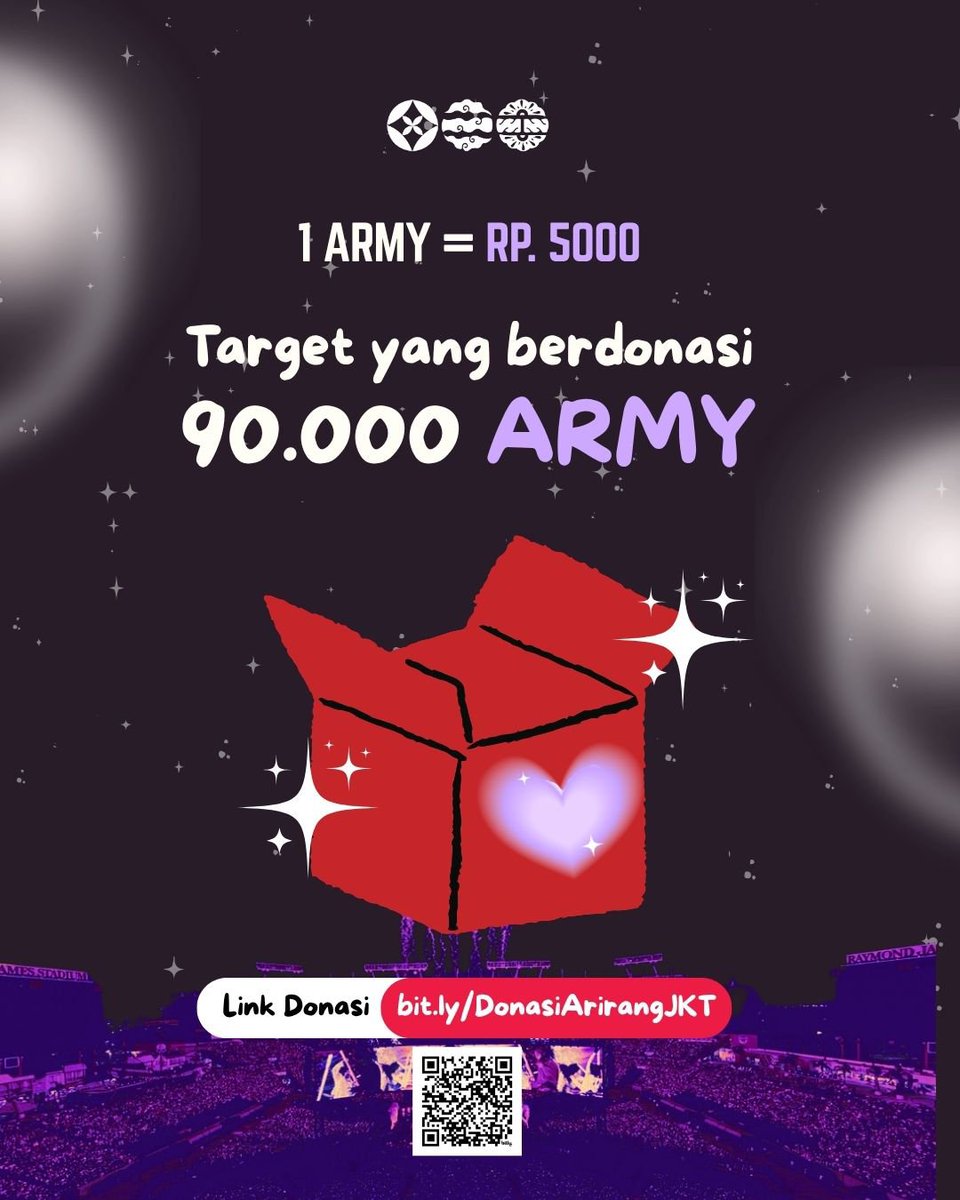 ArirangJakarta's tweet photo. Hallo ARMY! 💜 

Arirang Jakarta Project hadir untuk merealisasikan Project BTS di Indonesia yang juga mewadahi semangat ARMY dalam menyambut kehadiran BTS di Jakarta. 

Project utama kita adalah 𝗛𝗮𝗻𝗱𝗯𝗮𝗻𝗻𝗲𝗿, dimana kita membutuhkan 𝟵𝟬.𝟬𝟬𝟬 𝗛𝗮𝗻𝗱𝗯𝗮𝗻𝗻𝗲𝗿 𝗽𝗲𝗿𝗵𝗮𝗿𝗶 𝘀𝗲𝗹𝗮𝗺𝗮 𝟯 𝗵𝗮𝗿𝗶 𝗸𝗼𝗻𝘀𝗲𝗿. Total 𝟮𝟳𝟬.𝟬𝟬𝟬 𝗛𝗮𝗻𝗱𝗯𝗮𝗻𝗻𝗲𝗿 yang akan dibagikan, akan tetapi Donasi yang masuk per hari ini baru terkumpul untuk 𝟴.𝟬𝟬𝟬 𝗛𝗮𝗻𝗱𝗯𝗮𝗻𝗻𝗲𝗿 saja perhari. 

Yuk bantu realisasikan Project kita bersama ini melalui Donasi. 𝟭 𝗔𝗥𝗠𝗬 = 𝗥𝗽. 𝟱𝟬𝟬𝟬 sudah dapat membantu berjalannya Project ini 🥺🙏🏻

Donasi melalui link dibawah ini atau bantu kami sebarkan Project ini untuk menjangkau lebih banyak ARMY 💜

🔗 Link Donasi Fase 1: https://t.co/H434n6na8W
🌐 Website Arirang Jakarta: https://t.co/2QSQuzenl6
