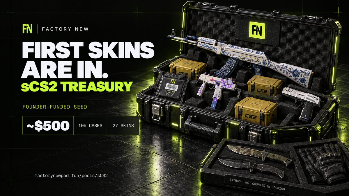 Factorynewpad's tweet photo. First skins are in the sCS2 reserve.

138 items, worth about $675 at Steam prices. Most of it is cases: 36 Revolution, 31 Dead Hand Terminals, 24 Fever and 20 Dreams & Nightmares. Then 24 skins: an MP9 Starlight Protector, a Deagle Printstream, an AK Inheritance, an M4A4 Temukau, two AK Crane Flights and a pile of cheap AKs and M4s like Ice Coaled, Slate and Black Lotus. Plus two knives and a pair of Hydra Gloves, because a CS2 inventory without a knife felt wrong.

You can see all of it on the site: Pools → sCS2 → "Steam inventory". One list, every item with its count and value, and the total on top. Steam hides fresh purchases from other viewers for up to 10 days, so for now the page shows what we recorded, and the "not public yet" counter goes down as Steam reveals them. We'll post screenshots and blockchain traces in the meantime.

Why these items: sCS2 tracks the 20 most traded CS2 skins over $3 and the 5 busiest cases, roughly 70/30, and the reserve follows the same list. They sell hundreds or thousands of times a day, so the price is hard to fake and we can sell fast if the pool ever needs dollars.

https://t.co/DY7sdKG9T9