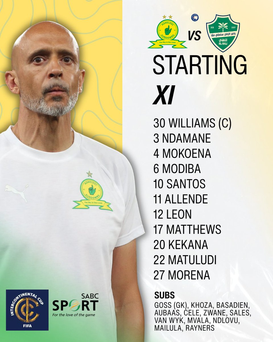 SABC_Sport's tweet photo. ⚽️𝕊𝕋𝔸ℝ𝕋𝕀ℕ𝔾 𝕏𝕀⚽️

This is how Mamelodi Sundowns are taking on the field in their FIFA Intercontinental Cup clash against Al-Ahli Saudi!

⏰ 15:00
📺 SABC 2
📱 Stream on https://t.co/afggCu6HfA

#SABCSportFootball https://t.co/d6KSG5kYBx