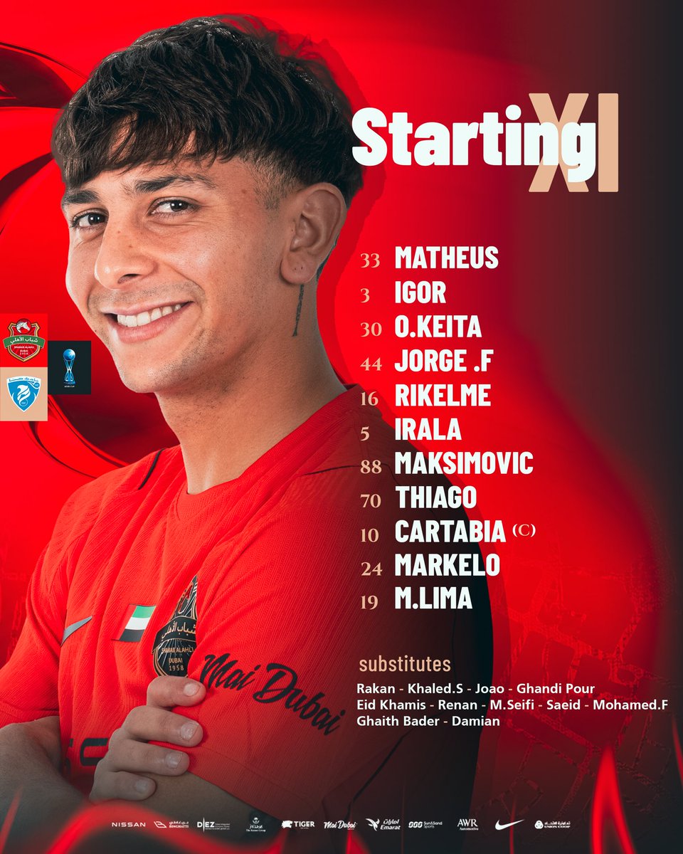 Shabab_AlAhliFC's tweet photo. تشكيلة الفرسان 
The Knights’ Starting XI
شباب الأهلي 🆚 حتا

#شباب_الأهلي
#كأس_مصرف_أبوظبي_الإسلامي
#القوة_الحمراء https://t.co/mofCZgbKdO