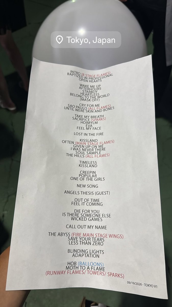 MementoMoriXO's tweet photo. The Weeknd’s After Hours Til Dawn Tour Setlist 
📍Belluna Dome, Tokyo, Japan N1 🇯🇵 

#AfterHoursTilDawnTour https://t.co/VpcRtdCea5