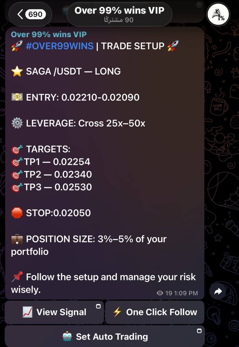ElismanuelI's tweet photo. 🔥 ANOTHER WIN FOR #OVER99WINS 🔥
🎯 #SAGA/USDT /USDT — TP3 HIT ✅
💰 Profit: +989.09% 🚀
📈 Precision. Timing. Results.
🏆 Another successful signal completed!
Free Signals: https://t.co/yyJw4EiCPv
#Gümüş #Platin #Nasdaq #Petrol #Dxy #Dax #Silver #altin #ons #bist100 #cment #xauusd #altın #gramaltın #btc #btcusdt