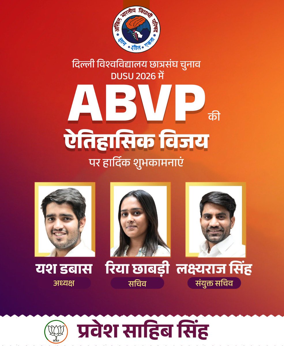 p_sahibsingh's tweet photo. दिल्ली विश्वविद्यालय छात्रसंघ चुनाव में अध्यक्ष, सचिव और संयुक्त सचिव पदों पर विजय प्राप्त करने पर अखिल भारतीय विद्यार्थी परिषद को हार्दिक बधाई एवं शुभकामनाएँ।

यह जनादेश विश्वविद्यालय के युवाओं की लोकतांत्रिक चेतना और सक्रिय सहभागिता का प्रतीक है। साथ ही, यह Gen Z के बीच आदरणीय प्रधानमंत्री श्री @narendramodi जी के नेतृत्व, नीतियों और विकसित भारत के संकल्प में उनके विश्वास को भी दर्शाता है।

इस विजय के लिए ABVP के सभी कार्यकर्ताओं, पदाधिकारियों और समर्थकों को हार्दिक बधाई एवं सभी विजयी प्रत्याशियों को उज्ज्वल कार्यकाल के लिए शुभकामनाएँ।

@ABVPVoice