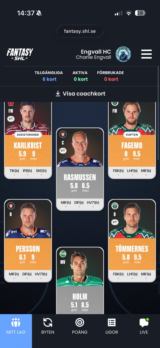 Charlie_engvall's tweet photo. @DFantasyshl Tänkte i liknande banor men tänkt brösta 1 eller 2 juniorer med 2 matcher för att få lite bättre toppa laget☺️ https://t.co/Dw9XfvzEsd