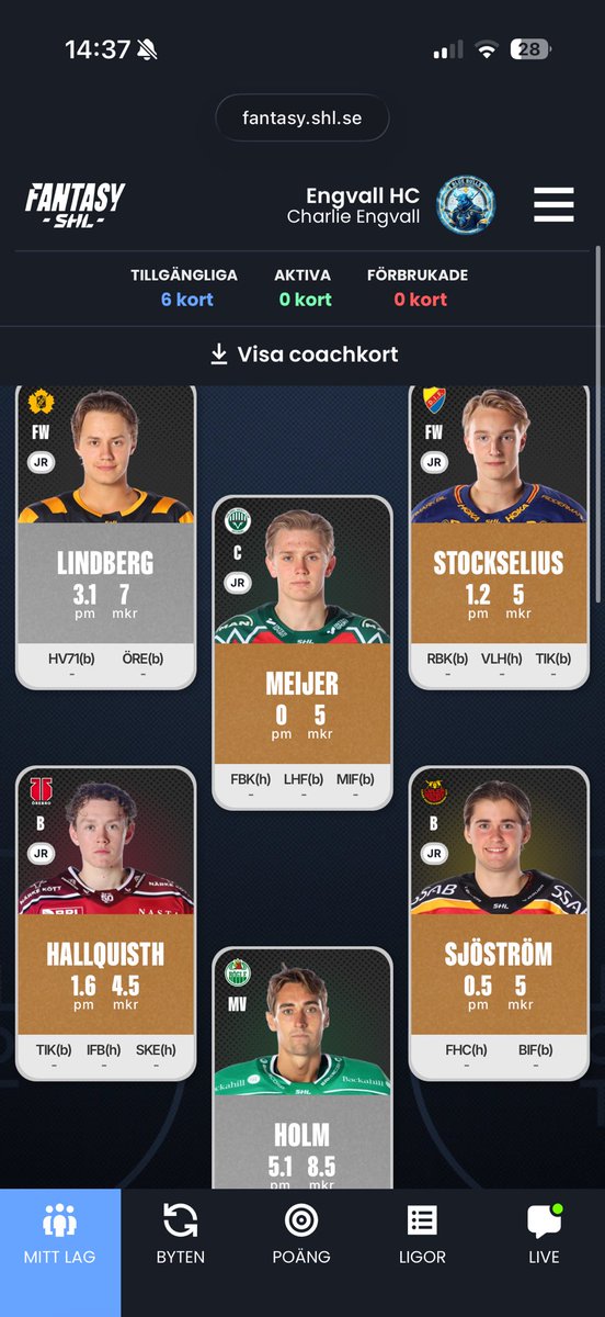 Charlie_engvall's tweet photo. @DFantasyshl Tänkte i liknande banor men tänkt brösta 1 eller 2 juniorer med 2 matcher för att få lite bättre toppa laget☺️ https://t.co/Dw9XfvzEsd