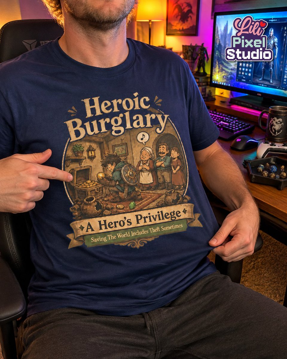 lilipixelstudio's tweet photo. Saved a town, then looted every cupboard like it’s bonus loot—medieval klepto energy with chaotic good vibes. For players who treat moral choices like a buffet. Let the NPCs judge. #GamerLife #GamerMerch Tap the link in bio. https://t.co/Ks7vkoQTuT