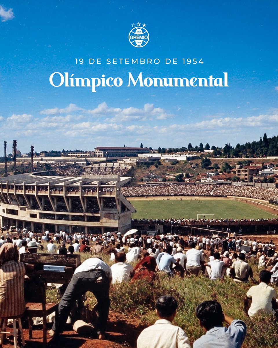 Gremio's tweet photo. Há 72 anos o Estádio Olímpico abriu seus portões pela primeira vez 🇪🇪💙 Diante de 38 mil Tricolores, vencemos o amistoso de inauguração diante do Nacional-URU por 2 a 0. Esta seria a primeira de tantas alegrias que fizeram do Olímpico um dos lugares mais especiais da nossa história.

O Olímpico nunca foi apenas um estádio.
Foi casa. Foi palco. Foi memória. Foi Grêmio por décadas!