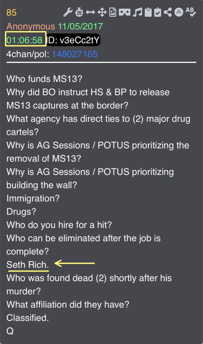 NewsTreason's tweet photo. At 1:06 AM this morning, President Trump posted a seemingly random older video from January.

1:06 AM matches only ONE Q drop:

➡️ Q DROP #85 — 1:06:58 AM

And what does Q #85 point directly toward?

SETH RICH.

Now look at what happened just two days earlier:

SEPTEMBER 17 — JULIAN ASSANGE: “I’M BACK.”

Let’s see what happens next…