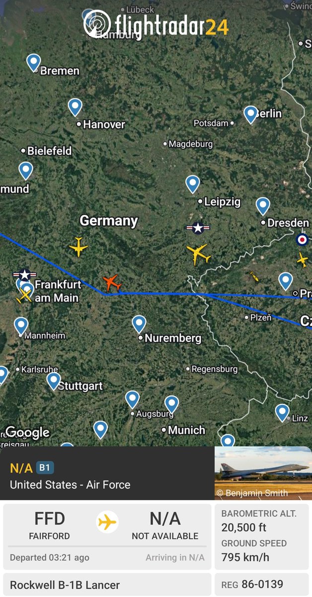 ndreports_7's tweet photo. B-1 Lancer Supersonic bomber is currently visible in FlightRadar24 https://t.co/X1AMnfQHLe