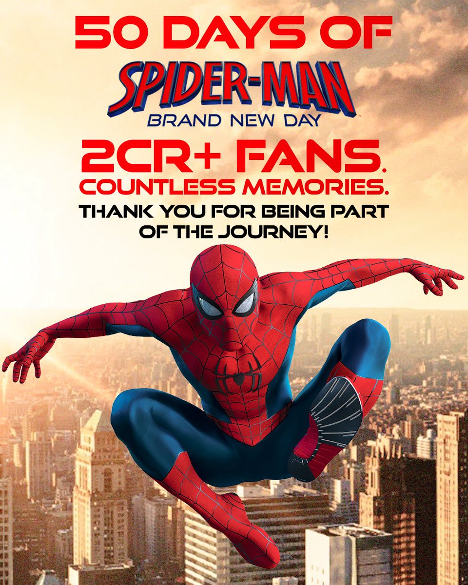 SonyPicsIndia's tweet photo. 50 days of love, and we’re still feeling it! ❤️

#SpiderManBrandNewDay in cinemas now, in English, Hindi, Tamil, Telugu, Malayalam &amp; Kannada. Book your tickets via the link in bio! https://t.co/f3YpUqYHha