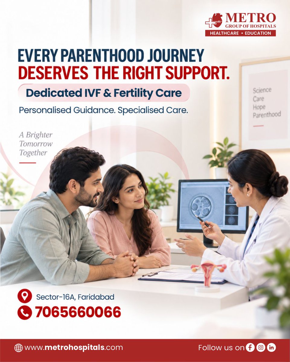 MetroFHospital's tweet photo. Every fertility journey is personal, and the right medical guidance begins with understanding individual needs. Dedicated IVF & fertility care can help couples explore appropriate evaluation and treatment options based on their clinical circumstances.
Begin with a specialist consultation at Metro Hospital, Faridabad.
📍 Sector-16A, Faridabad
📞 7065660066
#IVF #FertilityCare #IVFTreatment #MetroHospitalFaridabad #ParenthoodJourney