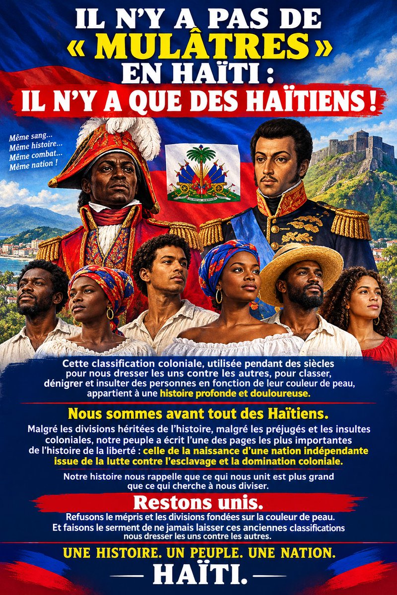 JeanBernardBER3's tweet photo. IL N' Y A PAS DE MULÂTRES EN HAÏTI : IL N' Y A QUE DES HAÏTIENS ! NOUS DEVONS RESTER UNIS ET JURER DE NE JAMAIS NOUS DIVISER ! 

#UNITÉ ! #RASSEMBLEMENT ! #COHÉSION ! #CONCORDE ! #SOLIDARITÉ ! #HAÏTI ! https://t.co/AryLP0B7Py