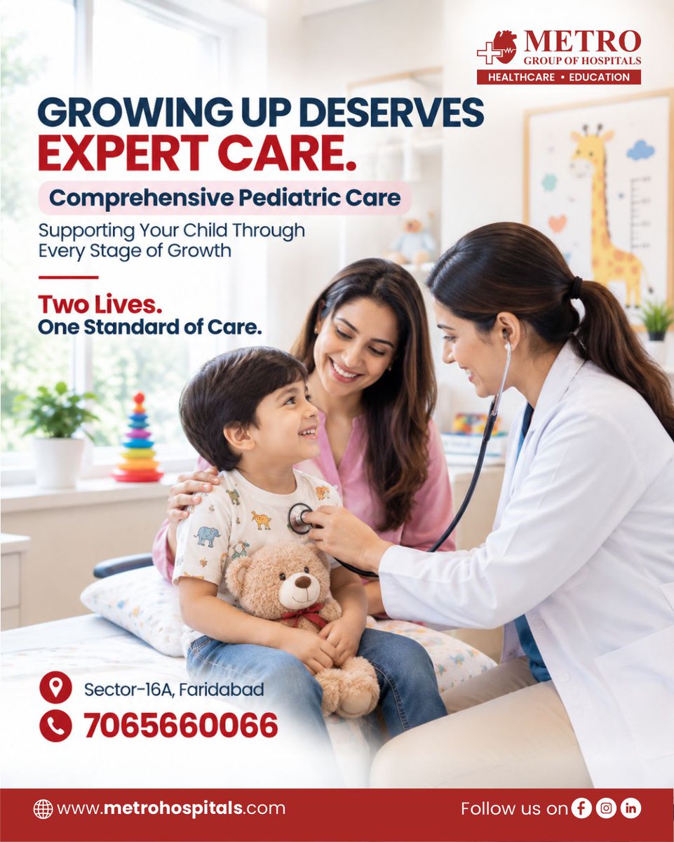 MetroFHospital's tweet photo. From infancy through childhood, children’s healthcare needs continue to change as they grow. Timely pediatric consultation helps parents address health concerns and receive appropriate medical guidance at different stages of childhood.
For pediatric consultation at Metro Hospital, Faridabad:
📍 Sector-16A, Faridabad
📞 7065660066
#PediatricCare #ChildHealth #KidsHealth #MetroHospitalFaridabad #MotherAndChildCare