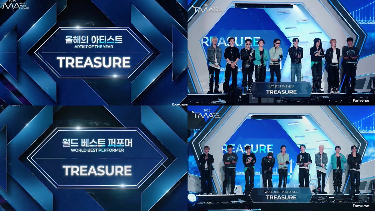 rubymmayy's tweet photo. #TREASURE wins 2026 THE FACT MUSIC AWARDS 

🏆Artist Of The Year 
🏆World Best Performance

Congratulations my TR10 @treasuremembers VERY deserved !

2 ถ้วยแรกของปีเป็นใบเบิกทาง งานต่อไปมารับรางวัลด้วยกันอีกนะ รับ 10 คน รับอีกเยอะ ๆ สักวันเราจะไปรับแดซังด้วยกันด้วย 💎🩵 https://t.co/JNPUwXNmGa