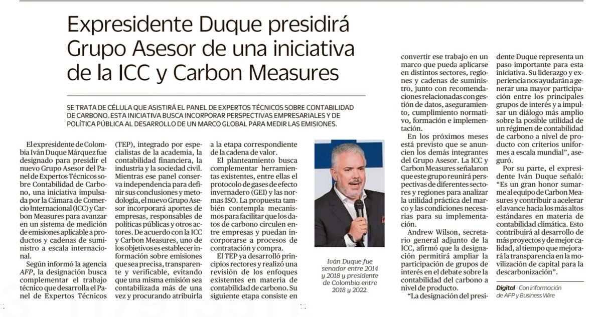IvanDuque's tweet photo. Es un honor presidir el nuevo Grupo Asesor del Panel de Expertos Técnicos sobre Contabilidad de Carbono, iniciativa de la ICC y Carbon Measures para impulsar estándares globales, precisos y verificables que den mayor transparencia a la descarbonización y a la financiación climática.

https://t.co/FZ1JeDdgG9