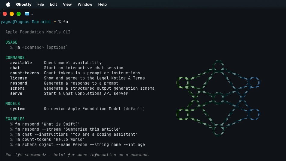 Yagna_1's tweet photo. Your Mac just got an AI model you can call from the terminal.
macOS 27 introduces fm, a command-line interface for Apple’s Foundation Models.
#Apple #macOS27 #AI #LLM #MachineLearning #AppleSilicon #GenerativeAI #DeveloperTools https://t.co/k82AUSizMw