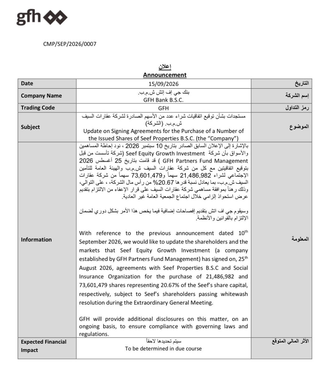 BinsalamahTariq's tweet photo. يستهدف بنك جي اف اتش الاستحواذ على حصة إضافية تعادل ~ ٢١٪؜ من الشركة لتعزيز المحفظة العقارية للبنك.. https://t.co/8EKumbdRry