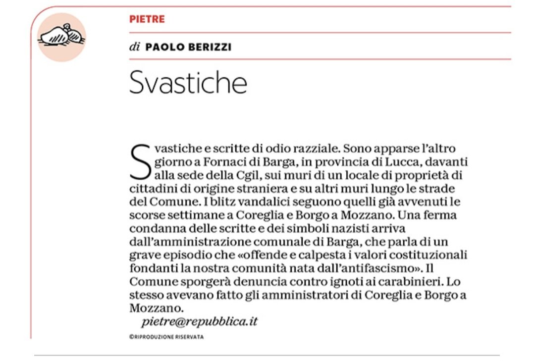 PBerizzi's tweet photo. Svastiche e scritte di odio razziale: ancora un caso in provincia di Lucca dove il fenomeno sta diventando seriale.  Lo spray vigliacco sulla sede della Cgil e all'esterno di un locale di cittadini di origine straniera. Italia 2026. 

#Pietre
@repubblica https://t.co/iXkOQBYovI