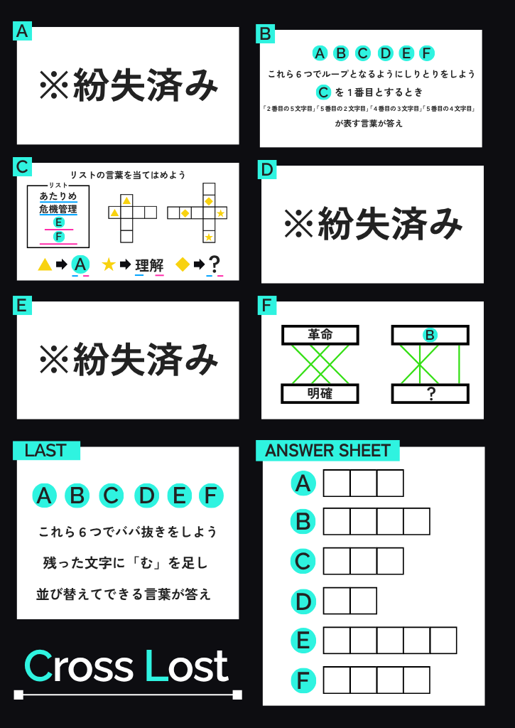 Han_cha_han_Q's tweet photo. 【問題】
交錯する七問の答えを「全て」求めよ。
ただし、そのうち三問は「紛失済み」である。
━━━━━━━━━━━━━━━━
・正しい回答を以下のGoogleフォームに送信してください
https://t.co/dXv5iwfoFB
・詳しい参加方法はリプライをご確認ください
#CrossLost https://t.co/ukifmKlo89