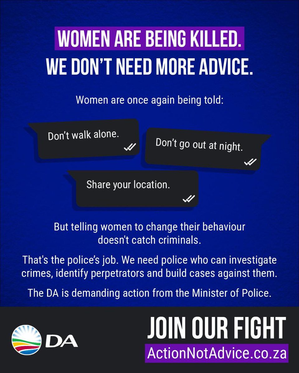 Our_DA's tweet photo. 🚨Women need action, not advice.

Sign the petition and join other South Africans who are demanding action from the SAPS. We need capable policing services which will catch the criminals, and ensure they are convicted.

Sign the petition now: https://t.co/QvWHKwDy6Z https://t.co/kxK65OJTl1