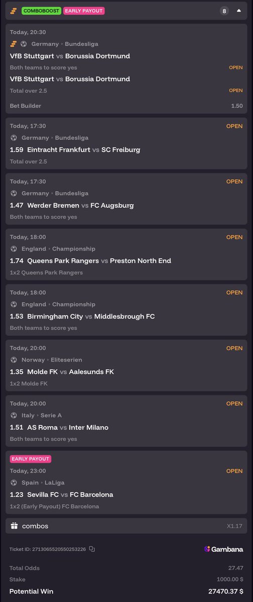 Lemzyy_'s tweet photo. SATURDAY FOOTBALL ACCA / PARLAY ⚽️

📊 27.47 ODDS - ACCA CODE: https://t.co/mIMjqwRkHz
Place this ACCA on Gambana &amp; use code LEMZ100 when signing up for a WELCOME BONUS 🎁 https://t.co/J3s29F98KD