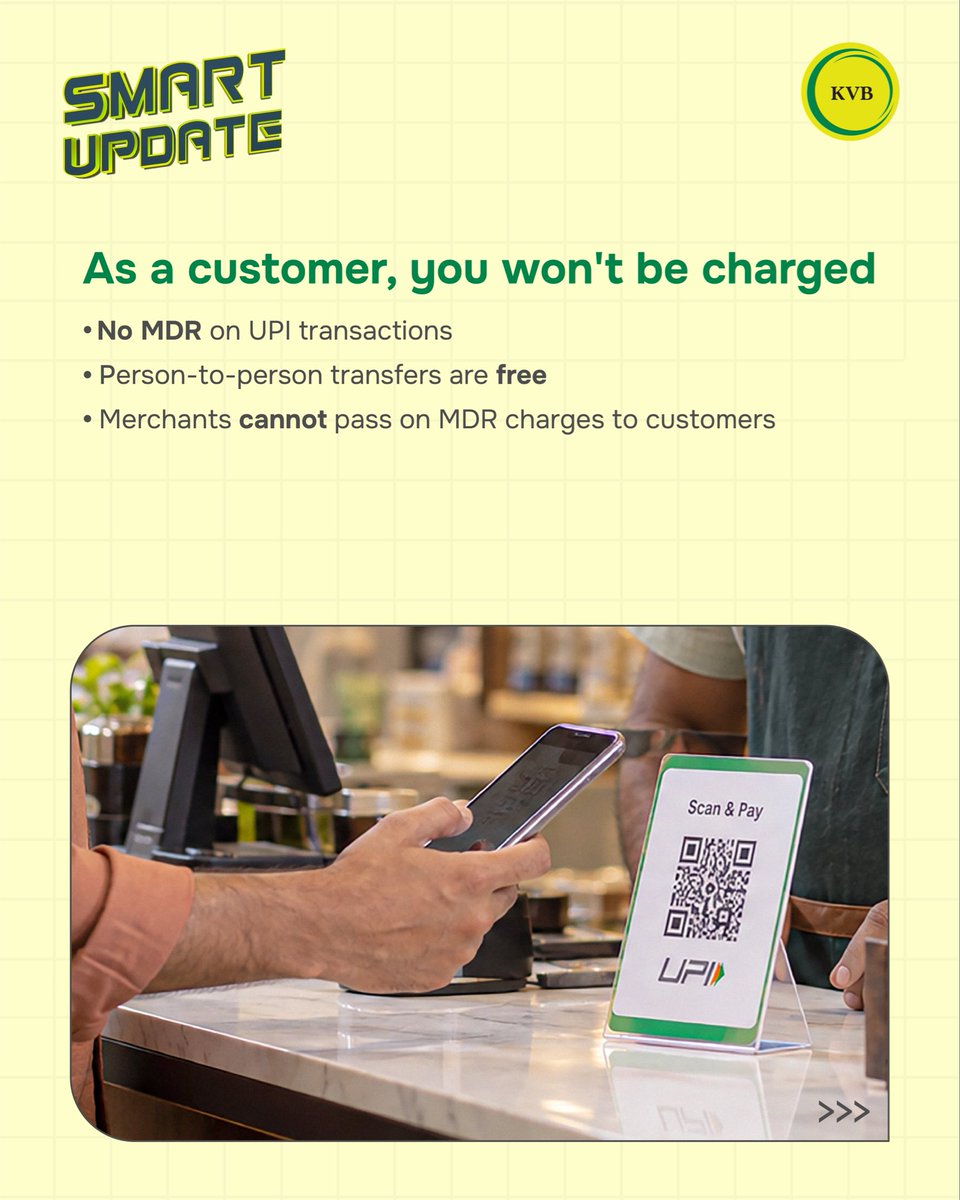 KarurVysyaBank_'s tweet photo. Heard a claim about UPI charges? Let’s clear that up.
Swipe through to understand what MDR means, who it applies to, and what it means for customers and merchants.
#KVB #SmartUpdate #UPI #MDR #DigitalPayments #UPIPayments https://t.co/biy0oIkrwb
