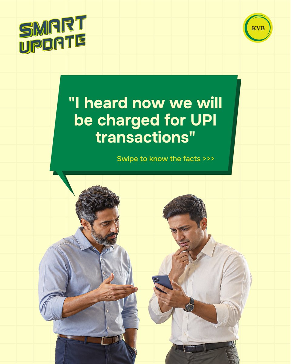 KarurVysyaBank_'s tweet photo. Heard a claim about UPI charges? Let’s clear that up.
Swipe through to understand what MDR means, who it applies to, and what it means for customers and merchants.
#KVB #SmartUpdate #UPI #MDR #DigitalPayments #UPIPayments https://t.co/biy0oIkrwb
