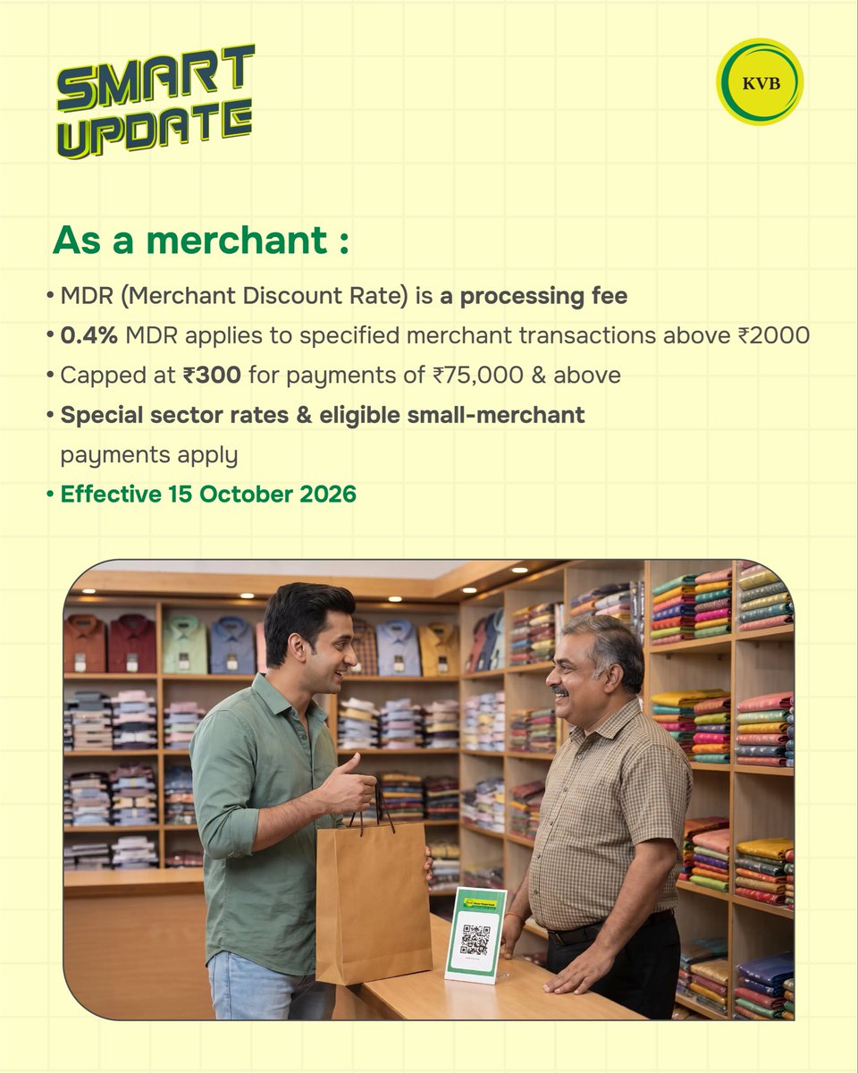 KarurVysyaBank_'s tweet photo. Heard a claim about UPI charges? Let’s clear that up.
Swipe through to understand what MDR means, who it applies to, and what it means for customers and merchants.
#KVB #SmartUpdate #UPI #MDR #DigitalPayments #UPIPayments https://t.co/biy0oIkrwb